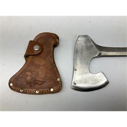 Estwing Black Eagle style double bit throwing axe with leather grip, virtually mint with labels present, plastic blade protectors and nylon sheath L43cm; another smaller Estwing axe stamped 24A to the pommel, with leather grip and sheath; and a vintage short handled hedge knife, the blade stamped IH (?) No.2 (3)