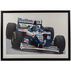 Four Formula 1 racing prints by Nik Curry, all within black frames, largest H38cm, W58cm