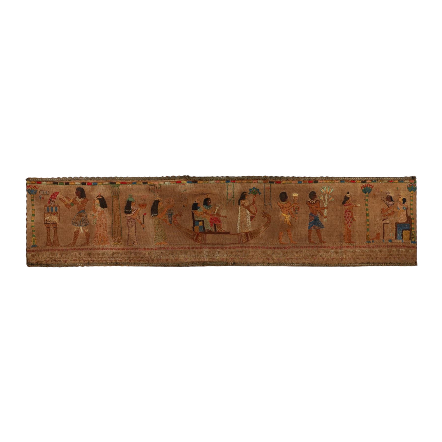 Egyptian revival tapestry, likely depicting scenes from Book of the Dead or similar text  of various figures in traditional attire, L160cm, H36cm 