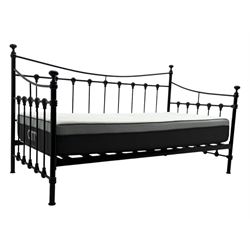 Contemporary Victorian revival black metal day bed, featuring arched back and sides with turned finials and spindle rails, complete with single 'OTTO' mattress
