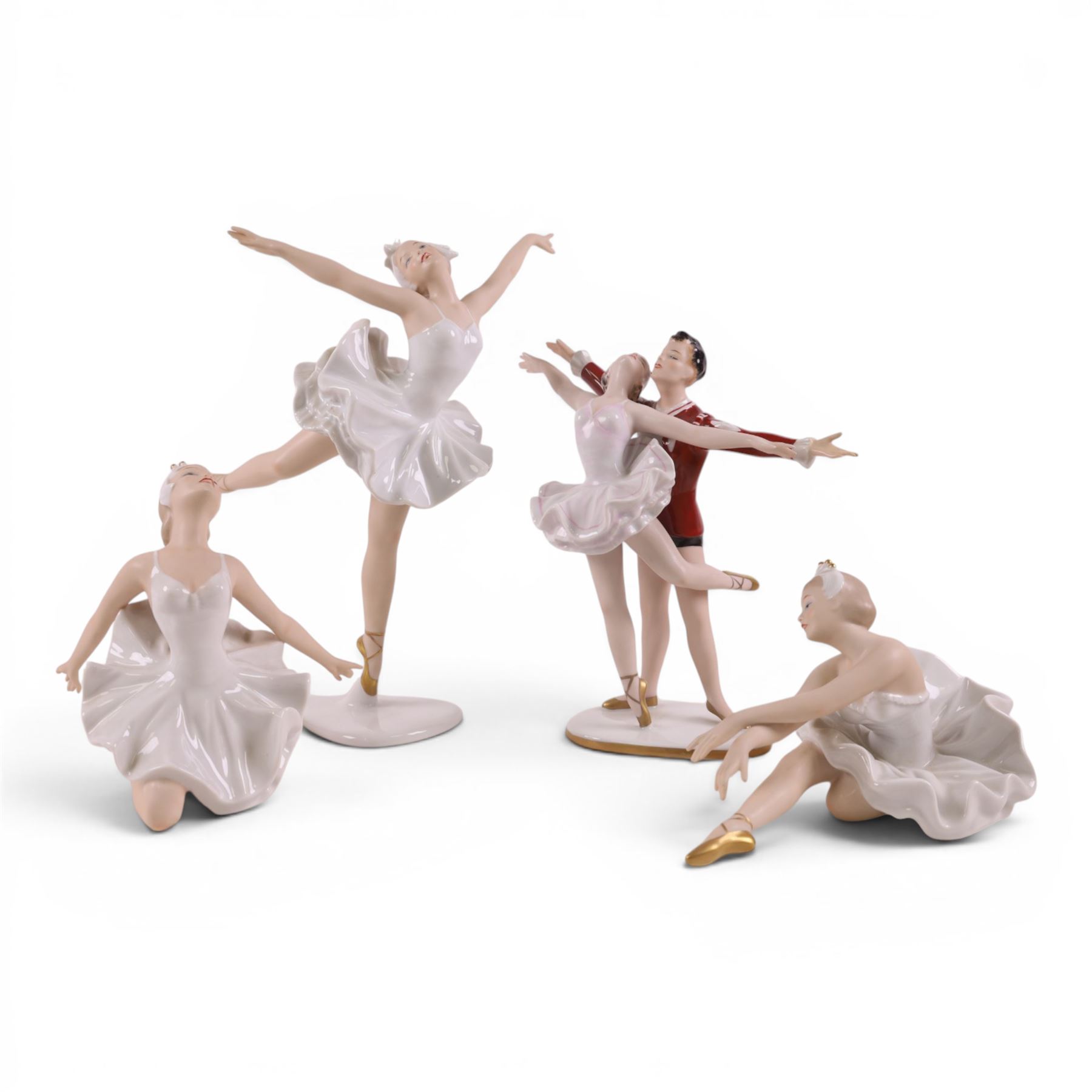 Four Wallendorf figures modelled as Ballerinas, including a ballerina couple, tallest H27cm  