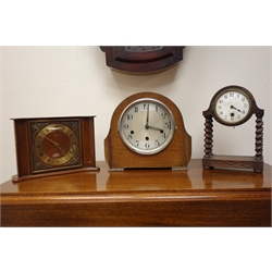  Victorian mahogany drop dial wall clock painted with an Alpine scene, H58cm, 20th century oak Westminster chime mantel clock, a 20th century oak portico clock and a Tempora Sectronic mantel clock, (4)   