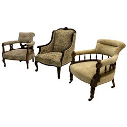 Two Edwardian tub shaped upholstered armchairs and another upholstered chair (3)