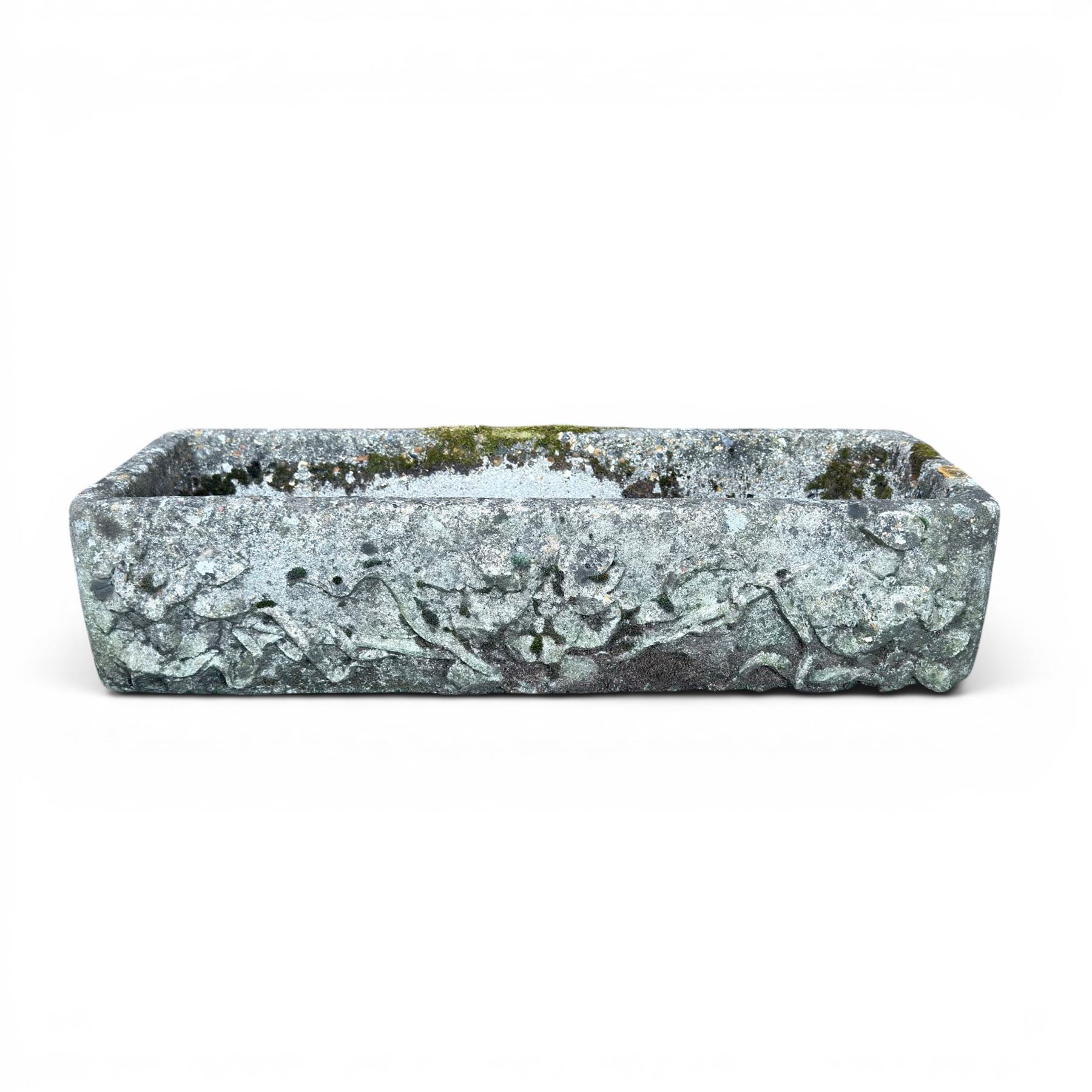 Pair of rectangular weathered cast stone planters, ornate moulded detail