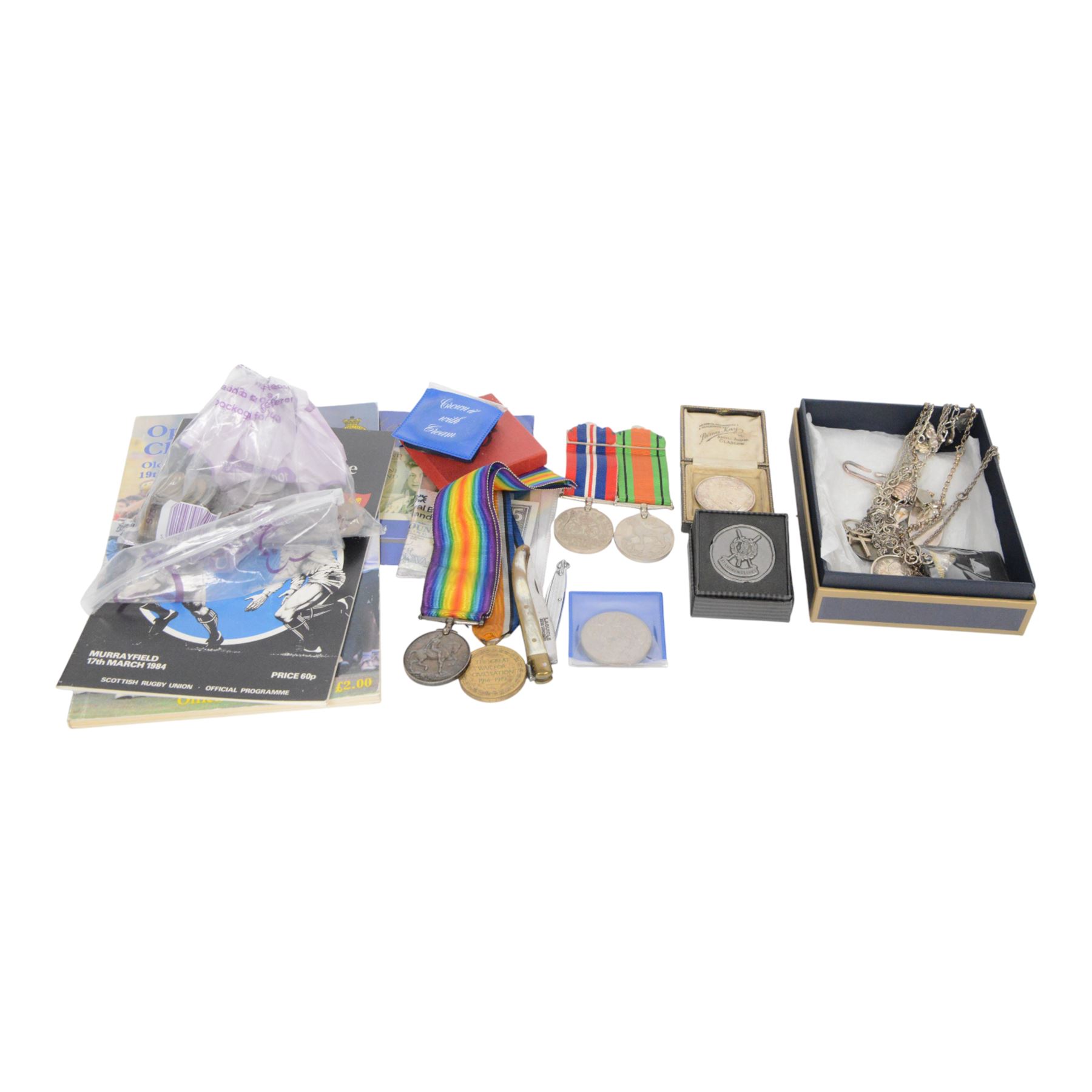 World War I victory and war medals, World War II victory and defence medals, collection of coins and medallions, two pen knives, silver and costume jewellery