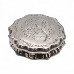 Dutch silver snuff box, of hexagonal form with engraved floral decoration to hinged cover,...
