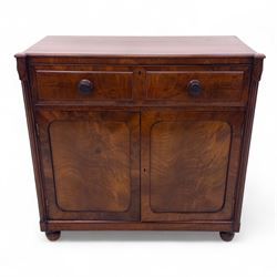 Regency mahogany secretaire cabinet, rectangular top over fitted secretaire drawer enclosing a tooled leather writing surface and pigeonholes, above a pair of panelled cupboard doors, raised on bracket feet