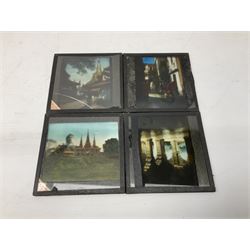 Large collection of over three hundred glass magic lantern slides including country, beach, town and street scenes, some with figures and animals