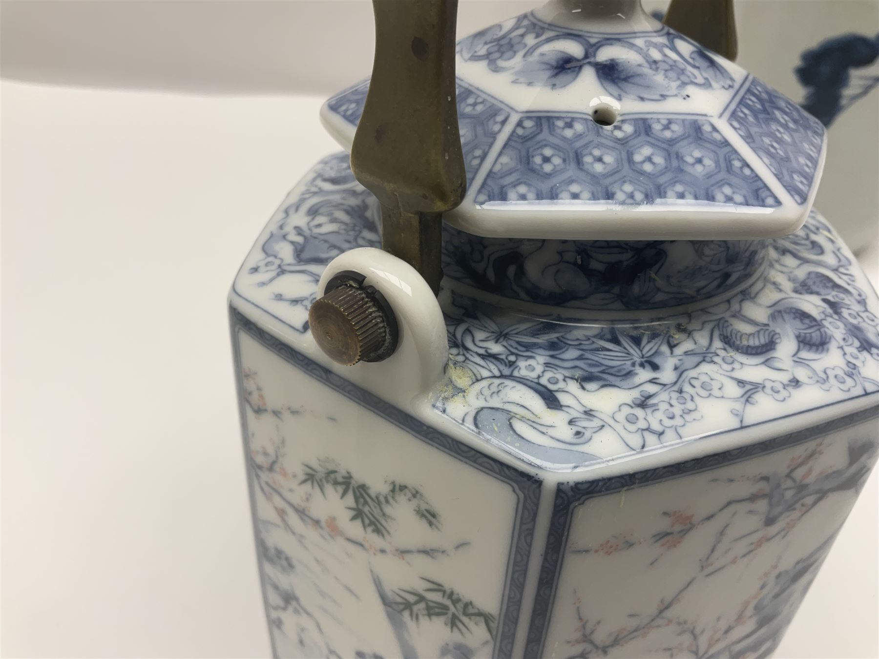 Chinese vase, decorated with vines and grapes and signed beneath, together with Chinese tea set of hexagonal form, comprising teapot and stand and six cups, vase H30cm