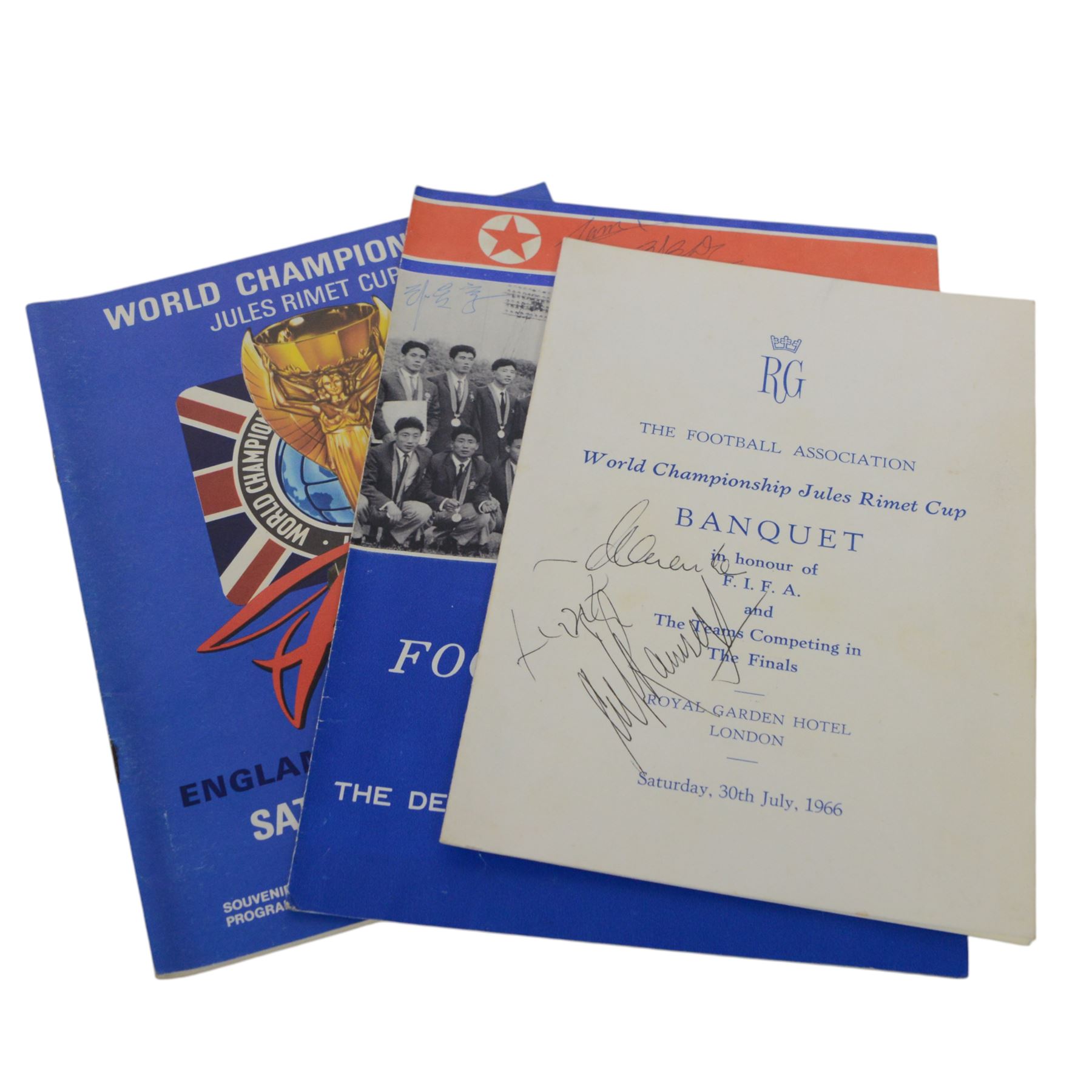 1966 World Cup memorabilia, including Dinner Menu, in honour of 1966 Association Football World Cup Competition, World Championship Jules Rimet Cup Banquet Menu in honour of Fifa, with some indistinct signatures to front cover, National Football Team of Korea leaflet with player signatures, Official Hand Book, three souvenir programmes for the Final between England and West Germany and three World Cup edition magazines and Liverpool Echo World Cup edition