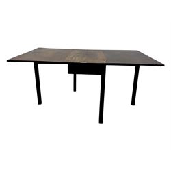 Georgian mahogany drop-leaf dining table, rectangular top with two hinged leaves supported by a gateleg mechanism, raised on square-section supports