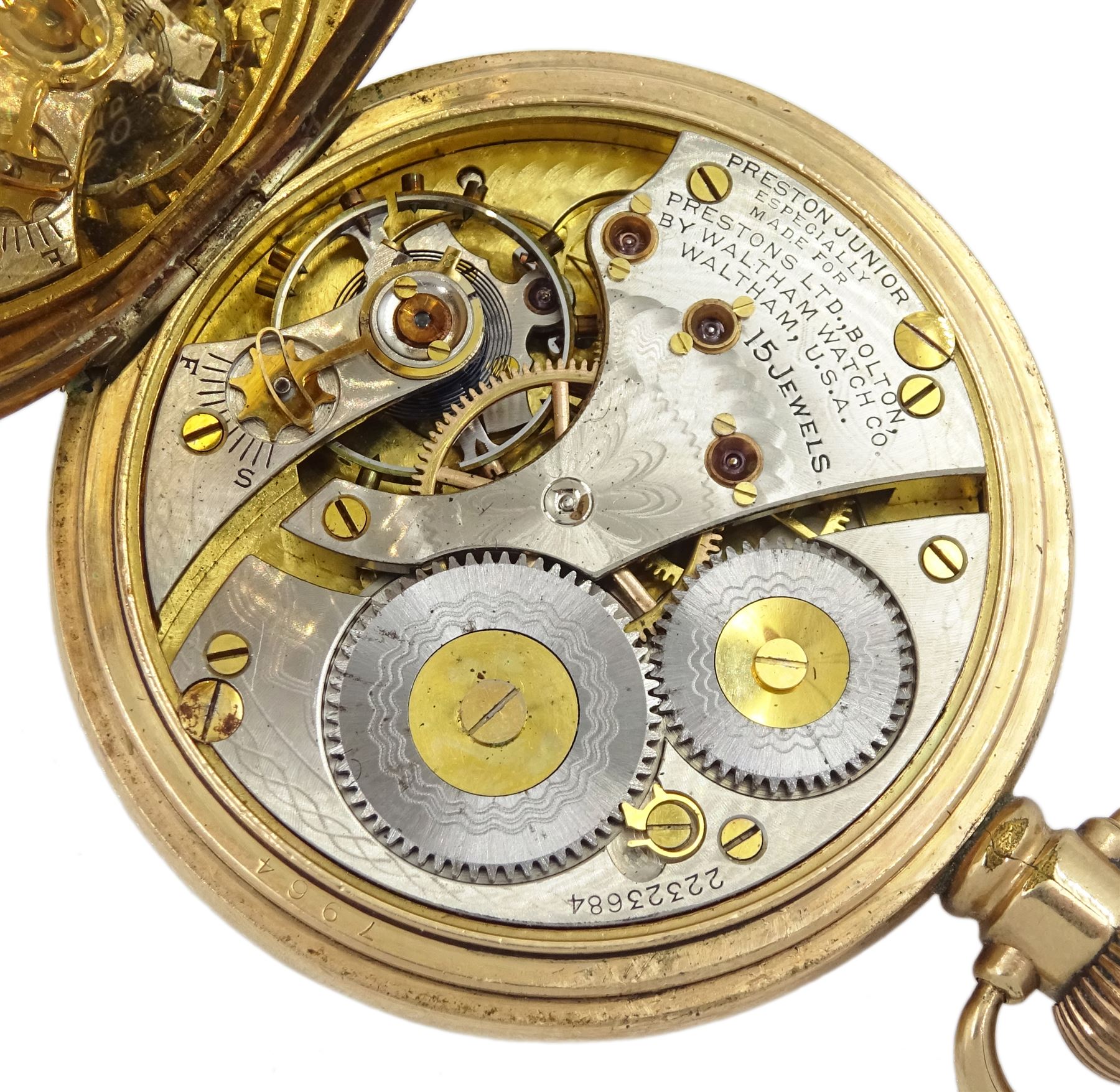 Early 20th century gold-plated full hunter 15 jewels keyless Preston Junior presentation pocket watch by Waltham, made for Preston Ltd, Boton, No. 22323684, white enamel dial with Roman numerals, the case monogrammed A G