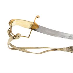 British 1976 pattern cavalry officers' saber variation of  private purchase, the 76cm single edged blade extremely curved, brass stirrup hilt with chequered ivory grip the languets bearing military trophies, with original buck skin sword knot, the leather scabbard has three brass mounts with twin suspension rings, the top mount bears makers cartouche of 'Tatham to his Majesty, Charing Cross London', 1800-1860, overall L90cm  This item has been registered for sale under Section 10 of the APHA Ivory Act 