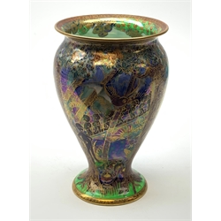 Wedgwood Fairyland Lustre vase, designed by Daisy Makeig Jones, of baluster form decorated with the Imps on a Bridge pattern, painted with a procession of imps crossing a bridge set within a fantasy landscape, heightened with gilt detail throughout, with printed and painted marks beneath, H22.5cm