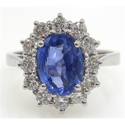  White gold unheated oval sapphire and diamond cluster ring, hallmarked 18ct, sapphire approx 1.7 carat, diamonds approx 0.6 carat  