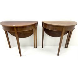 Pair 20th century mahogany demi-lune drop leaf tables, square tapering supports 