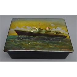  20th century Russian lacquer cigarette box, the hinged lid painted with a signed study of a cruise liner at sea, inscribed 'Cgenaxo C CCCP' to base W15.5cm D11cm, H5cm   