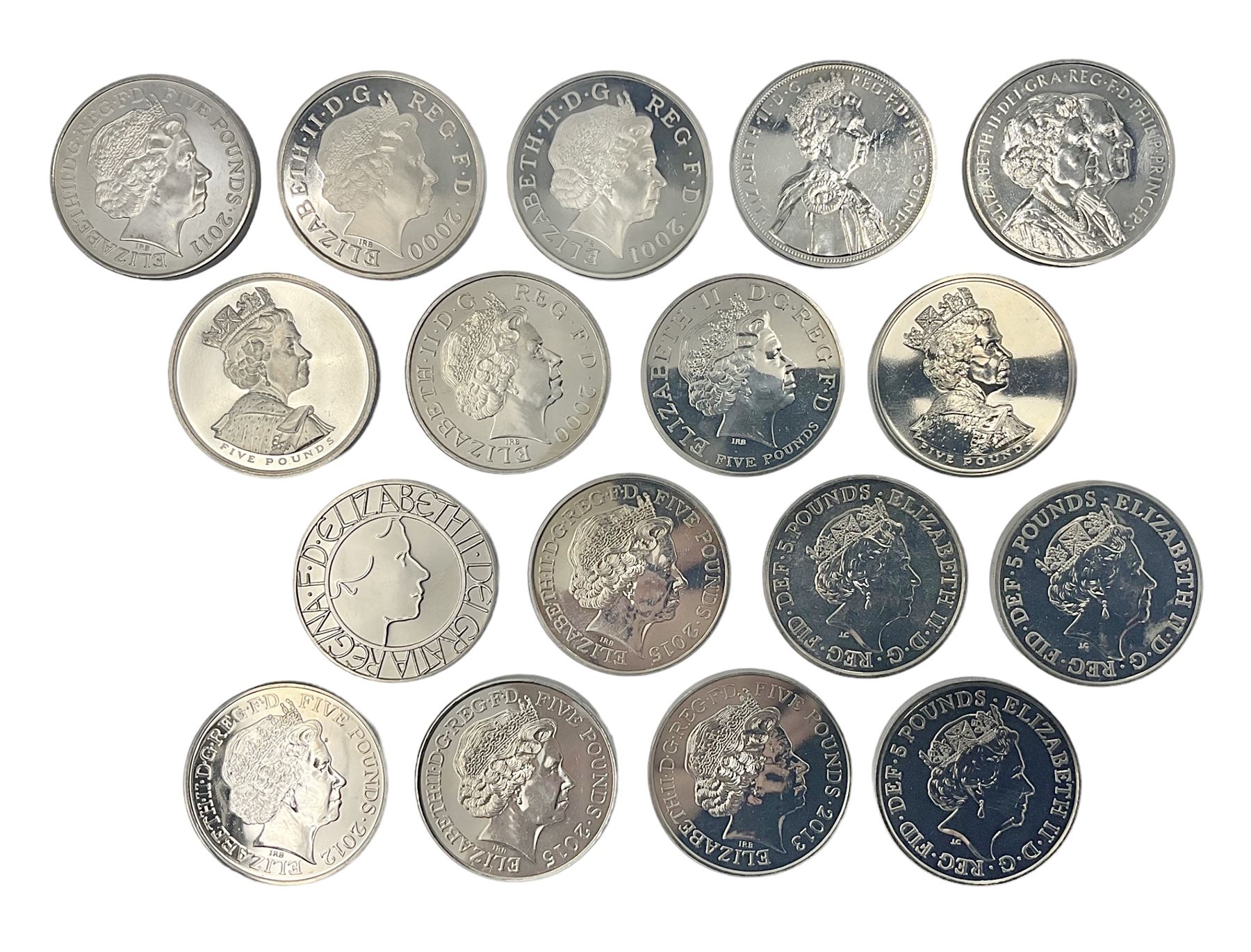Seventeen Queen Elizabeth II United Kingdom five pound coins