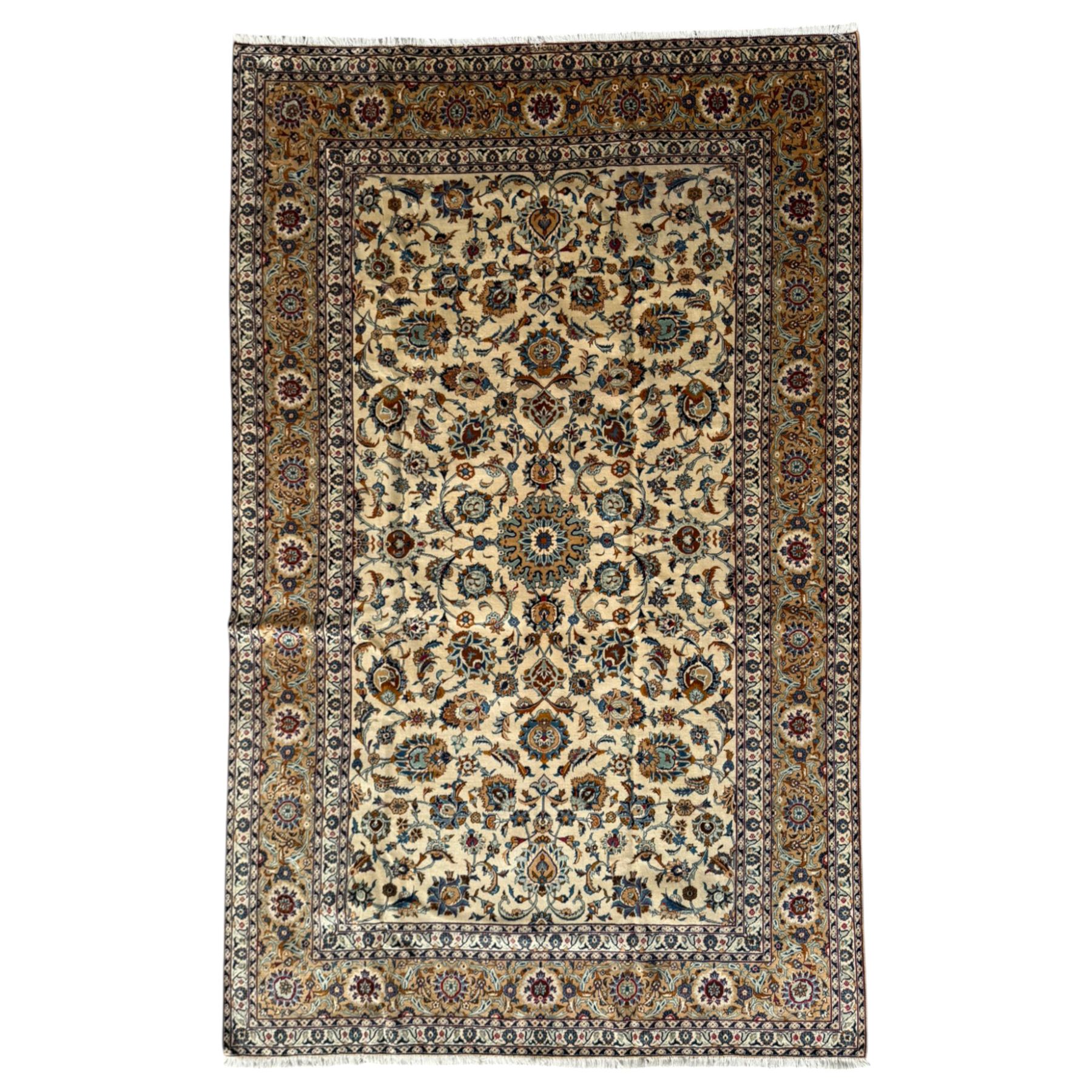 Kashan Persian rug, hand knotted, ivory ground rug, the rosette medallion decorated with projecting palmettes, on a field of swirling leafy branches and decorated with further palmettes, the scrolling border with repeating stylised plant motifs, within floral pattern guard stripes