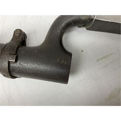 British Pattern 1876 socket bayonet with 43cm steel triangular blade L52cm overall; another socket bayonet with cruciform blade; No.4 Mk.II spike bayonet in metal scabbard with webbing frog; and 1955 Army jack knife by J.H. Thompson Sheffield (4)