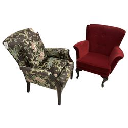 Parker Knoll - small 20th century stained beech armchair, upholstered in floral fabric (W67cm H81cm); together with another similar upholstered in buttoned crimson fabric with cabriole supports (W72cm H77cm)