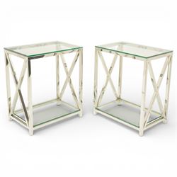 Pair of modern chrome lamp tables, rectangular plate glass top on polished chrome frame, t...
