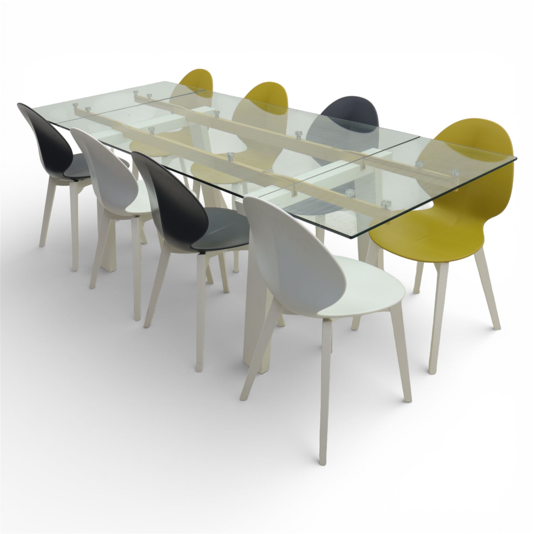 Calligaris - Connubia dining suite, comprising a 'Zeffiro' glass extending dining table and eight 'Academy' chairs, rectangular clear glass top with twin extension leaves extending to 220cm, mounted on white and ochre metal supports with central stretcher, together with eight matching moulded dining chairs with shaped seats and tapered legs