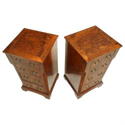 Pair of Victorian inlaid burr walnut small size chests,  rectangular top in burr walnut and crossbanded with herringbone inlay and chamfered sides with four graduated inlaid burr walnut drawers and engraved cut brass handles and mahogany drawer linings, supported on moulded bases with shaped bracket feet, circa 1870
