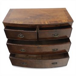 19th century small bow fronted mahogany chest, fitted with two short and two long drawers, raised on shaped bracket feet