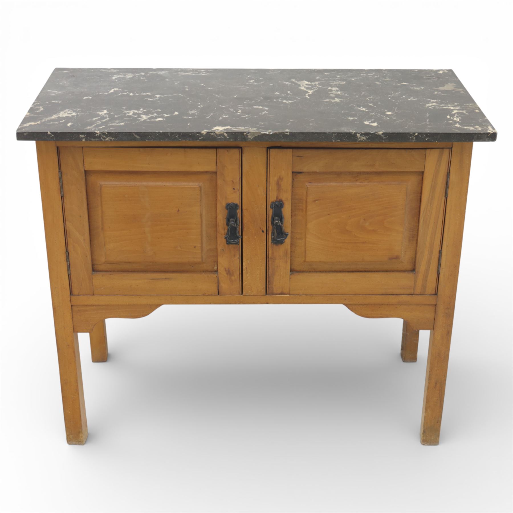 Edwardian walnut stained washstand, rectangular grey marble top, the base fitted with a pair of panelled cupboard doors with iron handles, raised on square tapering supports