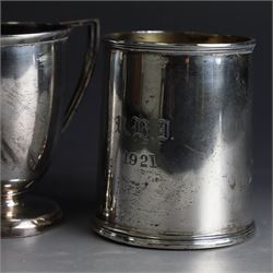 Two early 20th century silver christening mugs, both with engraved initials, both hallmarked, tallest H7.5cm