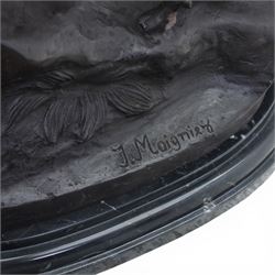 Pair of bronze stags, after Jules Moigniez, modelled in alert stance upon naturalistic bases, set on oval marble plinths, signed to base