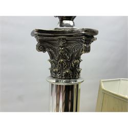 Silver plated Corinthian column table lamp, with moulded scroll and foliate details, upon on a stepped square base, with an octagonal cream fabric lamp shade with pale green piping, including shade H78cm