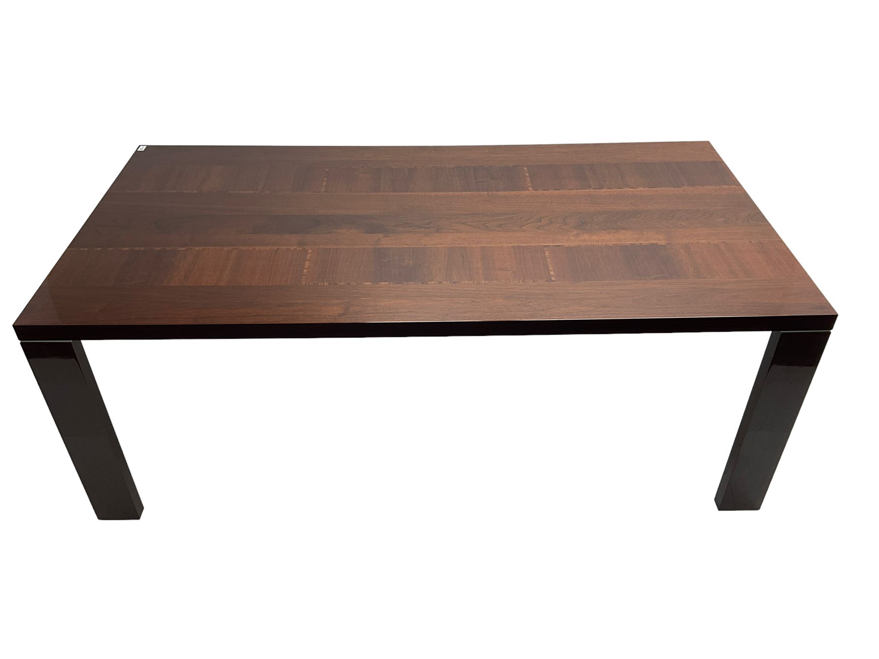 Large American walnut rectangular dining table on square block supports, together with set eight high back dining chairs with cream upholstered seats, the top and chair backs with matching inlaid geometric banding