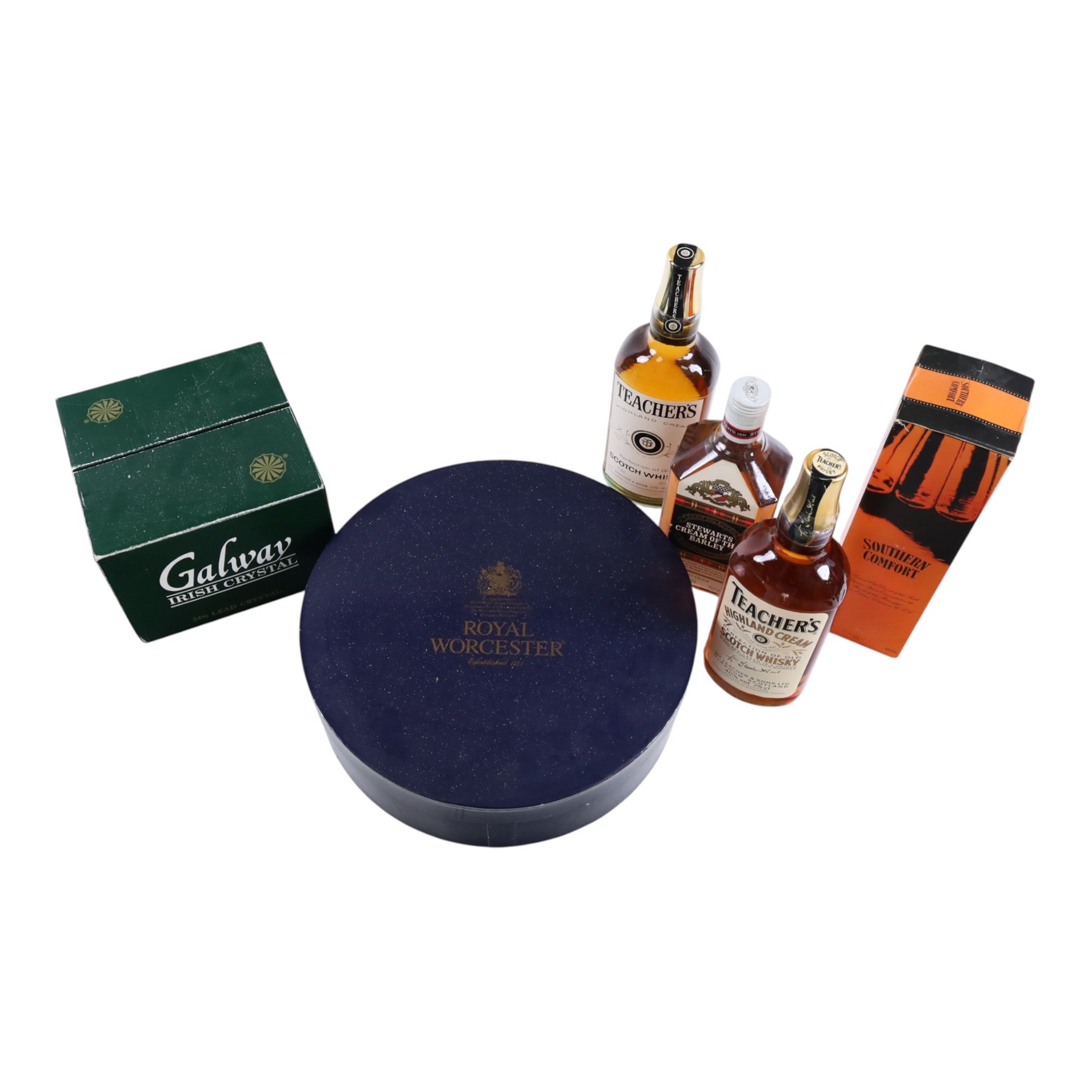 Four bottles of whisky, Galway Crystal glasses and Royal Worcester Harlequin coffee set