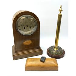 Ogden of Harrogate walnut cased mantel clock with silvered roman dial, the domed case with shell parquetry inlay, H34cm, rectangular brass inlaid stationary box, Miniature copy of the New Testament,  together with midget-book, magnifying glass case etc (4)
