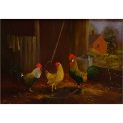  Hens in a Barn, pair of oils on panel signed by Keith Tovey (British 20th century) 11.5cm x 16.5cm  