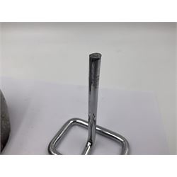 Amethyst crystal geode cluster, with large well-defined crystals, upon a metal stand, H21cm