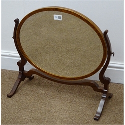  George III style inlaid mahogany oval swing table bevel edge mirror, W52cm, H47cm  