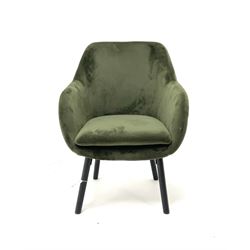 Olive green upholstered tub chair, turned tapering supports