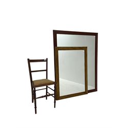 Large rectangular stained pine wall mirror (104cm x 135cm), and a similar small mirror; with a small chair (3)