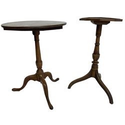 Early 19th century elm and oak tripod table, decagon oak top with raised edge, on turned column with three splayed supports (H74cm); and an early 19th century elm and oak tripod table, circular oak tilt top on turned column with three splayed supports (H70cm) 
