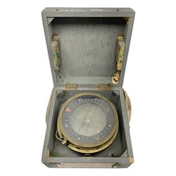  WWII period Type P10 aircraft compass, 16.5cm diameter brass rim marked “Type P10” and “No 1130B”, spring mounted onto brass base with Air Ministry plate marked “Crown A.M. No 6A.1671”; in original grey painted wooden box
