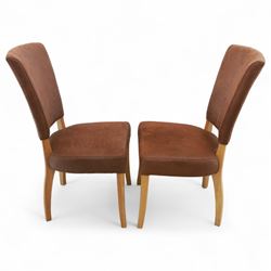 Contemporary oak dining suite, comprising rectangular table with solid top and square legs, together with four brown leather upholstered dining chairs with oak legs (5)