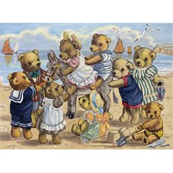 Doreen Edmond (British 20th century): Teddy Bears at the Seaside, oil on canvas signed 30cm x 40cm 