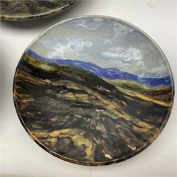 Wendy Abbott Salt; Three studio pottery dishes, decorated in High moorland pattern, largest D34cm 