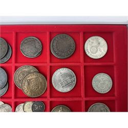 Coins, including George III 1806 penny, Queen Victoria 1844 and 1855 pennies, The Republic of China ten cash, United States of America 1844 one cent etc, housed in a Lindner coin tray