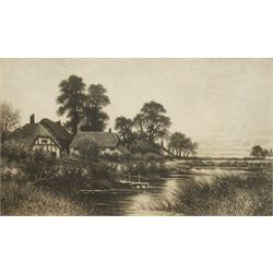 J E Jackson (British 19th/20th century): Lakeside Thatched Cottage Landscape, charcoal sig...