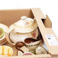 Fieldings Crown Devon items including fruit bowl, five dessert bowls and teapot, Poole pottery preserve jar, Sylvac posy holder, Frosted art glass tulip vase, similar lily vase, two Belleek saucers, assorted cups and saucers etc contents in two boxes