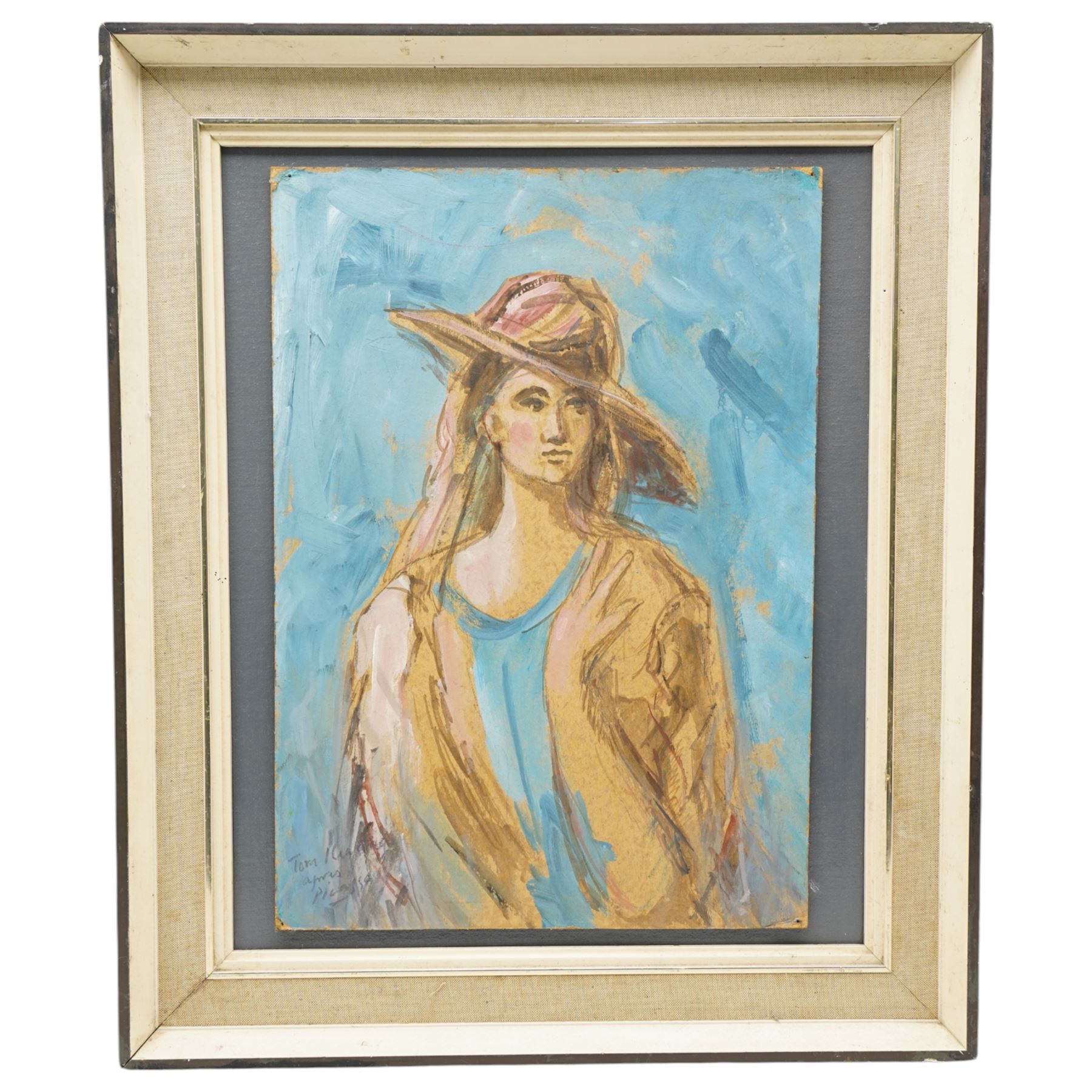 Tom Keating (British 1917-1984) after Pablo Picasso (Spanish 1881-1973): Lady in a Wide Brimmed Hat, watercolour and acrylic on board signed, 46cm x 33cm 